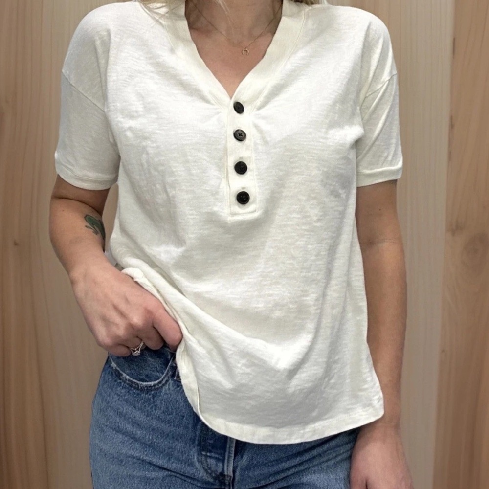 MADEWELL Blouse Womens XX-Small White Relaxed Henley Cotton Jersey Shirttail Hem
